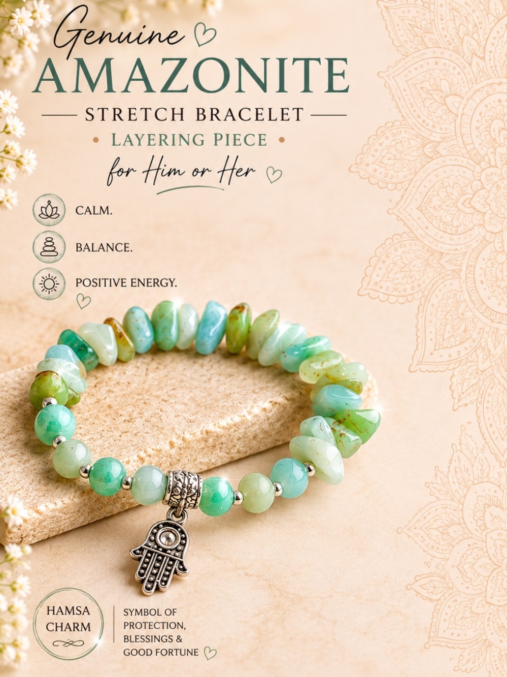 Amazonite  Genuine Stone, Layering Stretch Bracelet